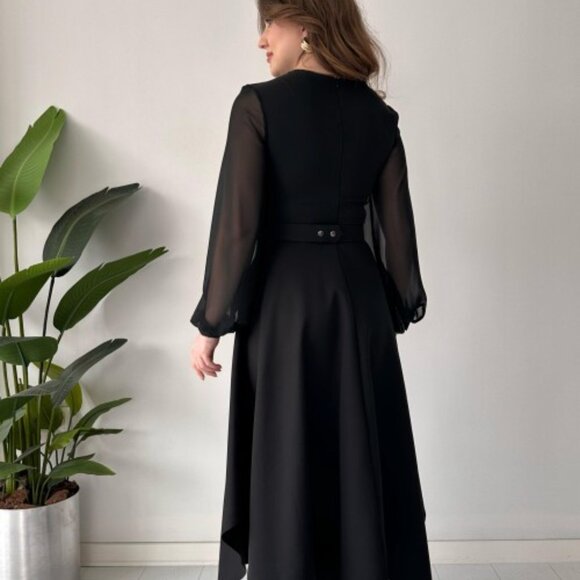 Black Sheer Sleeves Asymmetrical Cut Collar Stoned Midi Dress - S, M - Picture 3 of 5